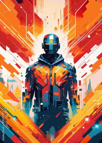 Futuristic Robot Character in a Dynamic Abstract Artwork