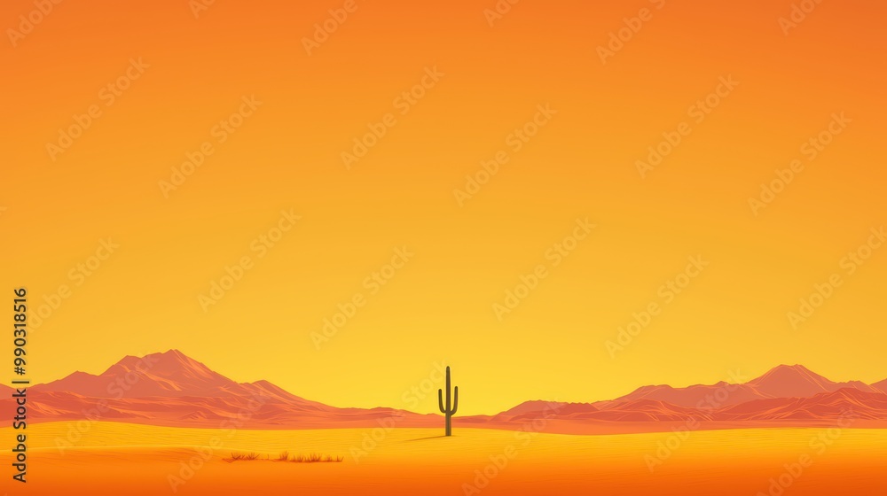 A solitary cactus stands in a vast desert under an orange sunset sky. A solitary cactus stands in a vast desert under an orange sunset sky.