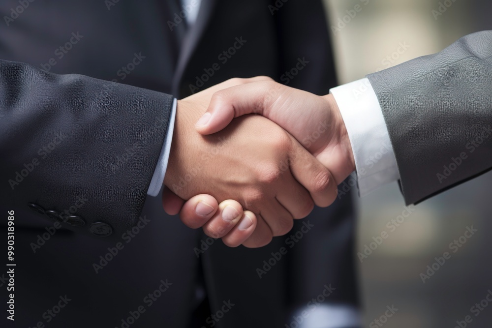 Two businessmen shaking hands in front of city buildings. Suitable for business, partnership, agreement, urban development concepts in presentations, articles, and advertisements. Generative AI Two businessmen shaking hands in front of city buildings. Suitable for business, partnership, agreement, urban development concepts in presentations, articles, and advertisements. Generative AI