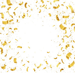 Gold Isolated Falling Foil Confetti with Glitter Dust. Golden Festive Background. Greeting Design Element. Congratulations Card