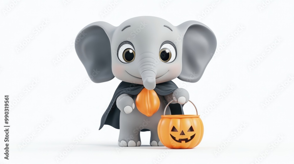 Fototapeta premium Cute Cartoon Elephant with Halloween Pumpkin Basket
