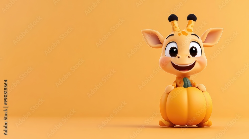 Cute Giraffe Character with Pumpkin on Orange Background Cute Giraffe Character with Pumpkin on Orange Background