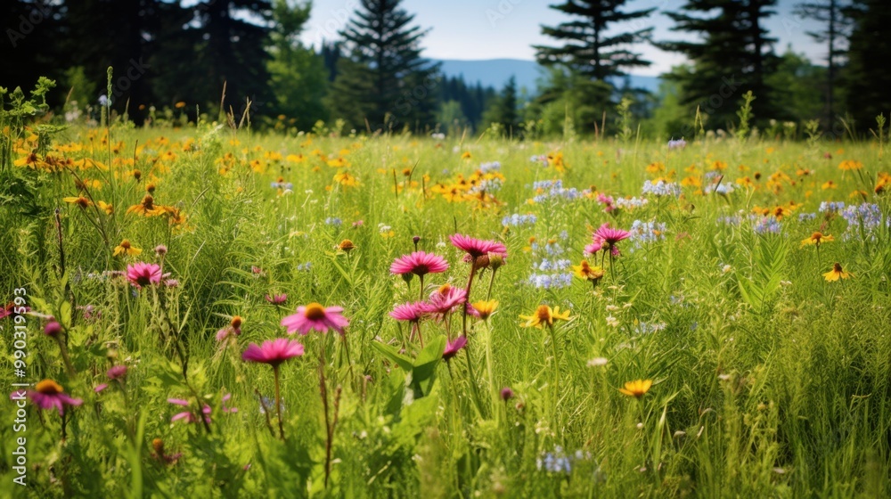 A lush, green meadow filled with colorful wildflowers and surrounded by trees under a clear sky. A lush, green meadow filled with colorful wildflowers and surrounded by trees under a clear sky.