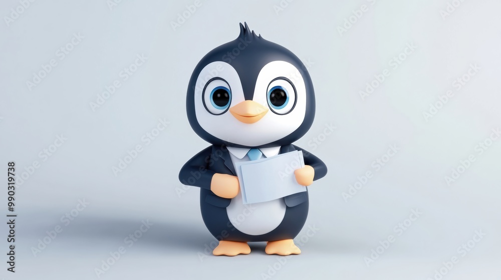 Obraz premium Cute Cartoon Penguin in Business Attire Holding Document