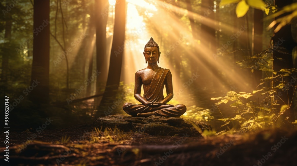 A serene statue of a meditative figure sits in a tranquil forest, bathed in golden sunlight filtering through the trees. A serene statue of a meditative figure sits in a tranquil forest, bathed in golden sunlight filtering through the trees.