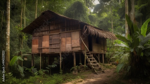 Old wooden house in the jungle, Borneo, Malaysia.