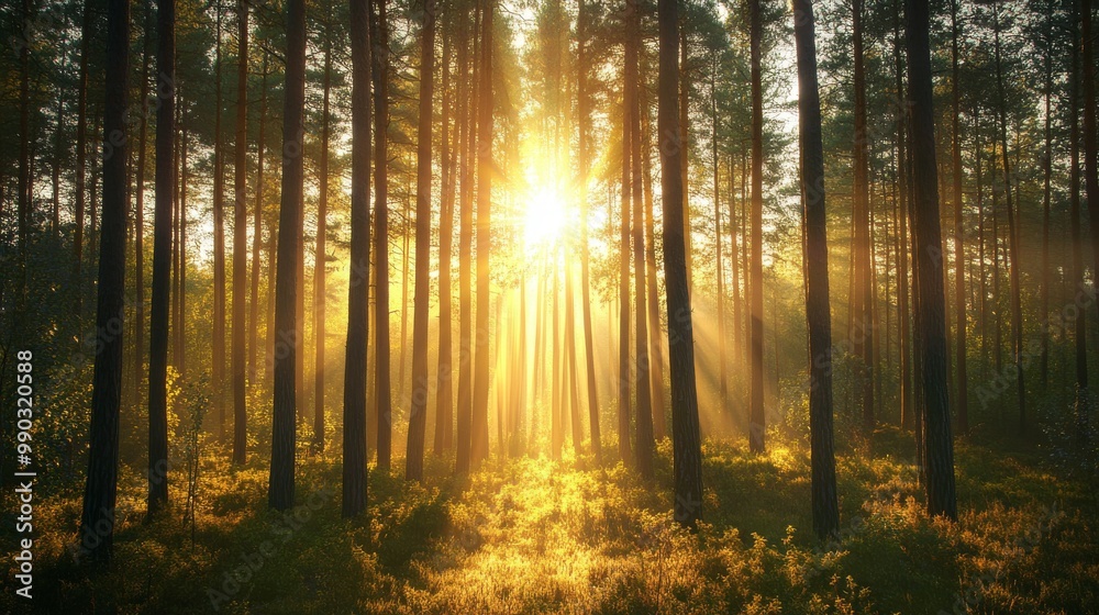 Fototapeta premium Sunlight shines brightly through the trees, creating a magical atmosphere in the pine forest.