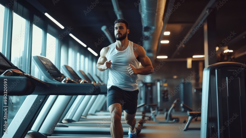 Young man in sportswear running on treadmill at gym, man workout in gym healthy lifestyle