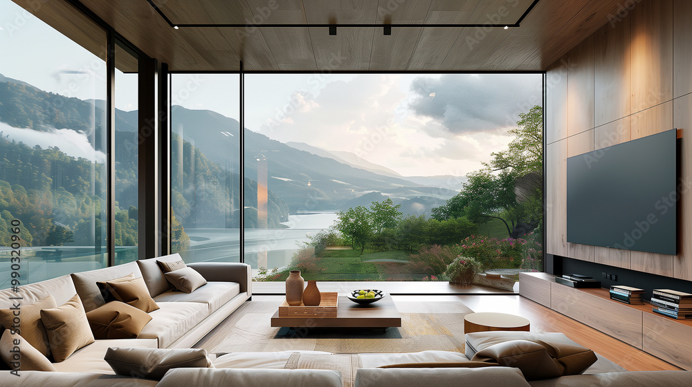 Fototapeta premium Living room with a large horizontal window positioned above the sofa, framing a scenic view and adding a modern touch. home interior design concept 