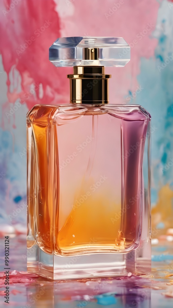 A perfume bottle placed in the middle of an abstract painting, with splashes of pastel colors in the background A perfume bottle placed in the middle of an abstract painting, with splashes of pastel colors in the background