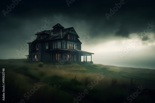 An old abandoned house in a foggy field with a dark sky