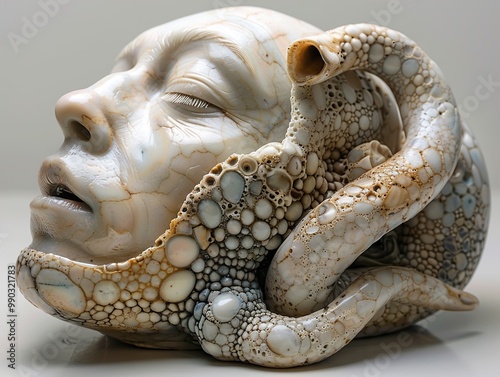 Surreal Sculpture of a Human Head with Shell-Like Texture