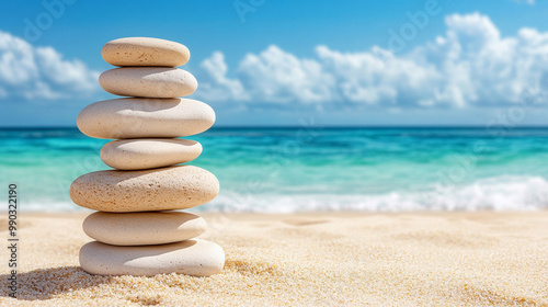 serene beach scene featuring smooth rocks meticulously stacked in balance, symbolizing tranquility, harmony, and meditation. The peaceful shoreline enhances the sense of calm and introspection