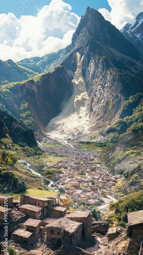 A village faces devastation as a massive landslide descends from the mountain, burying homes