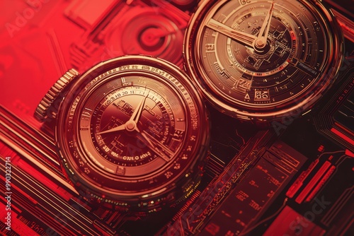 Close-up of intricate mechanical watches on a vibrant red background. photo