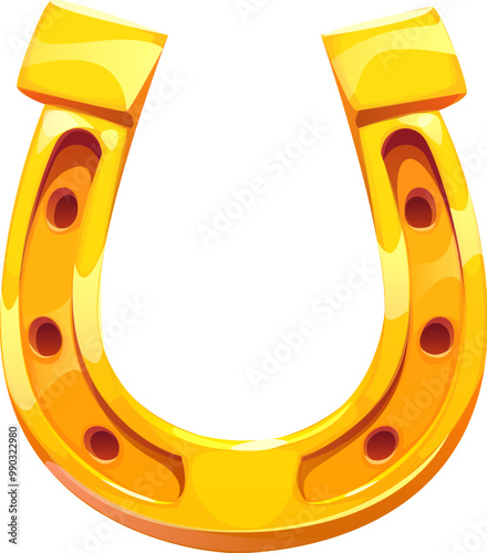 Cartoon golden horseshoe award, symbol of luck, protection, prosperity and success, victory, fortune and achievement. Vector sparkling gold horse shoe talisman brings good fortune and ward off evil