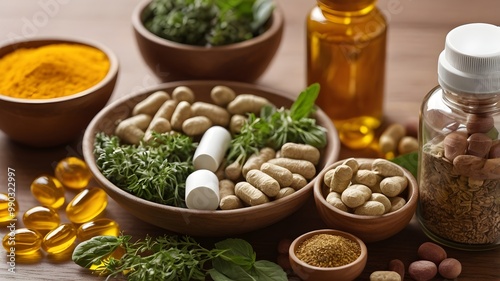 "Close up of herbal supplements and vitamins next to a bowl of healthy food."