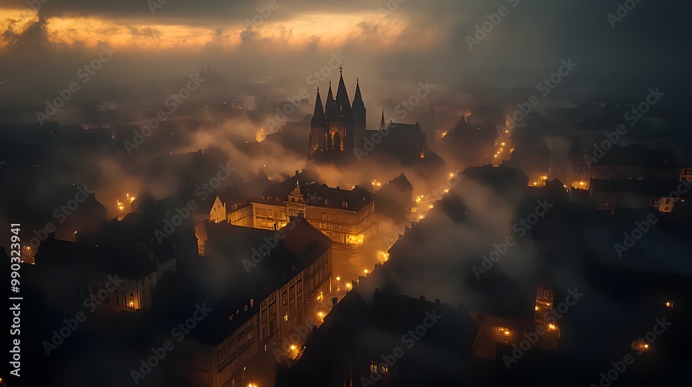 Naklejka premium Drone view over an old European city center, illuminated by lanterns, stone streets and cathedrals, early morning fog, steampunk-inspired, sepia tones, high detail
