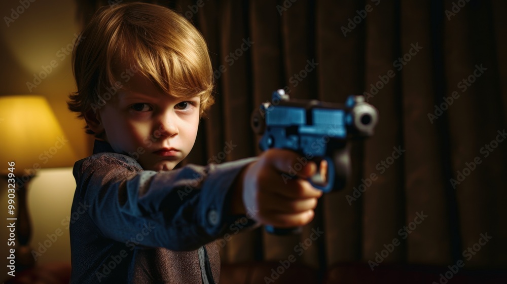 A young boy with a serious expression aims a toy gun indoors, capturing a moment of intense concentration during playtime. A young boy with a serious expression aims a toy gun indoors, capturing a moment of intense concentration during playtime.