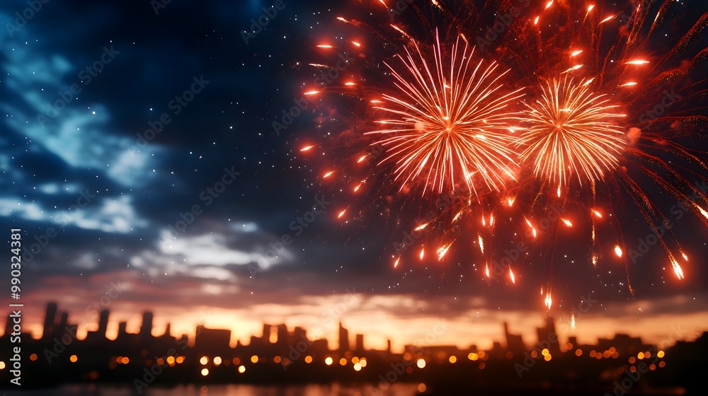 Spectacular fireworks exploding over an expansive cityscape, blending bright lights of the fireworks with the glow of urban architecture beneath Spectacular fireworks exploding over an expansive cityscape, blending bright lights of the fireworks with the glow of urban architecture beneath