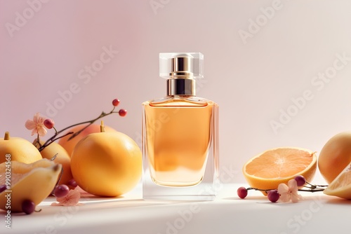 bottle of perfume with citrus fruits on white table, beauty product