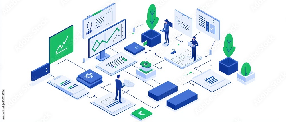Digital workspace concept with charts, graphs, and workers interacting with data on screens. Digital workspace concept with charts, graphs, and workers interacting with data on screens.
