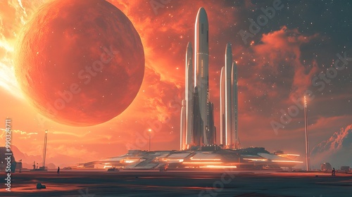 Spaceport in an alien landscape, advanced rockets ready for launch, swirling nebulae in the sky, cyberpunk, neon-infused, 3D illustration, high contrast, metallic textures