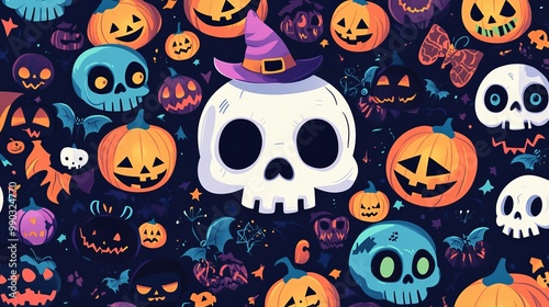 Colorful Halloween-themed background featuring skulls and pumpkins