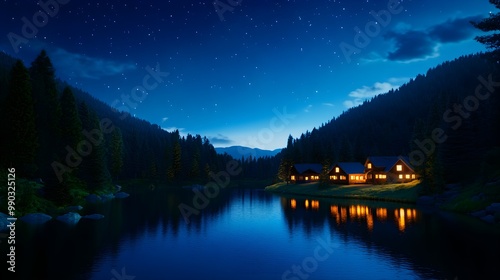 Aerial view of a tranquil lake with reflective water, forests, and cabins under a starry night sky, Fantasy style, Cool tones, Glowing moonlight, Dreamlike ambiance