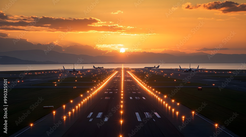 High-altitude perspective of an airport during sunset, multiple planes in motion on the runways, glowing lights guiding aircraft movements High-altitude perspective of an airport during sunset, multiple planes in motion on the runways, glowing lights guiding aircraft movements