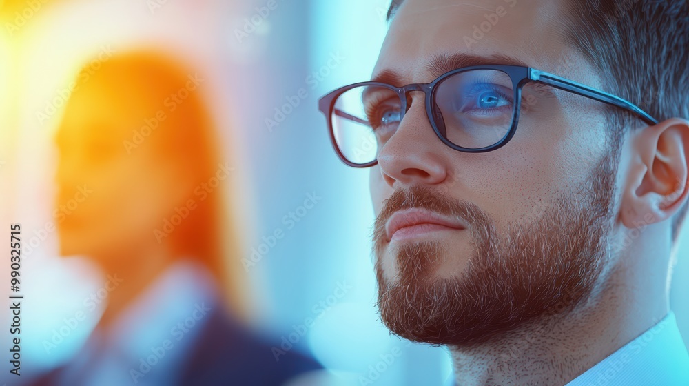 Focused businessman in glasses, contemplating in a modern office environment. Focused businessman in glasses, contemplating in a modern office environment.