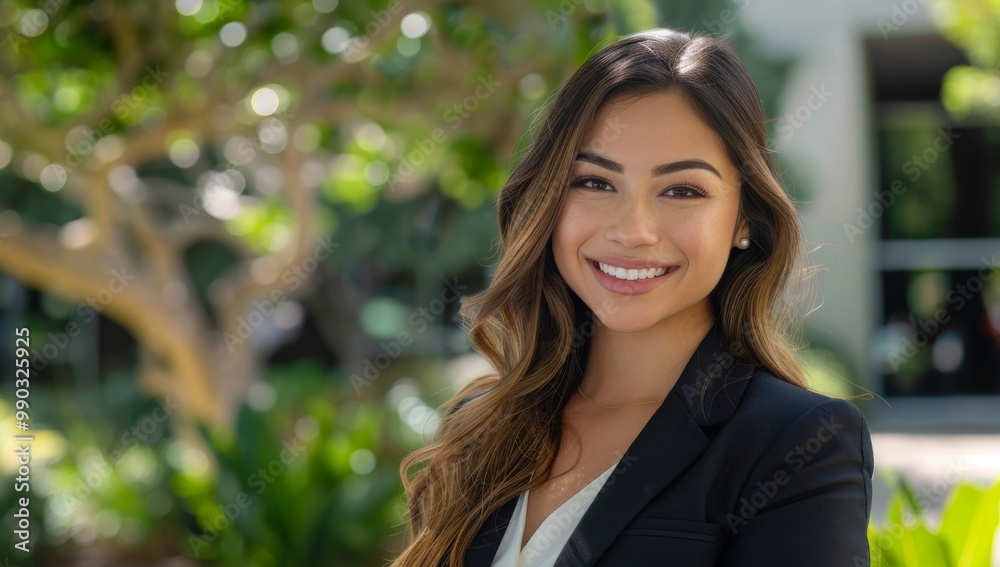 Beautiful, smiling Hispanic woman in business clothing, standing outside an office building with greenery and a blurred background. Confident Young Professional at a outdoor Networking Event. Beautiful, smiling Hispanic woman in business clothing, standing outside an office building with greenery and a blurred background. Confident Young Professional at a outdoor Networking Event.