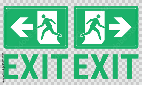 Green exit sign. Set of evacuation signs on checkered background