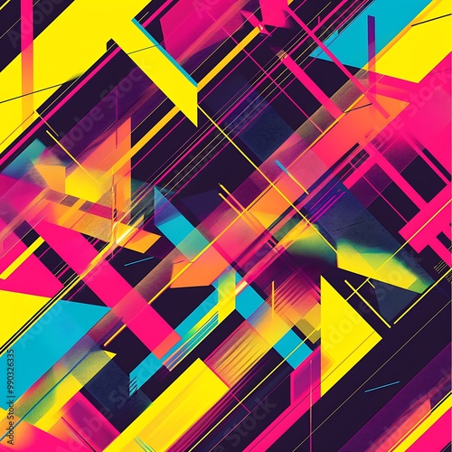 A vivid geometric pattern with sharp lines and bright colors such as yellow, cyan, and magenta, forming a modern and eye-catching design. 8k UHD, suitable for high-quality printing or digital 