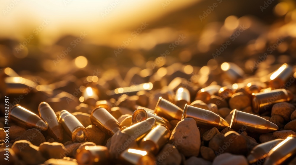 Fototapeta premium Multiple shiny bullet shells scattered on a rough, sunlit terrain, suggesting a shooting range or battleground scene with rich golden hues.