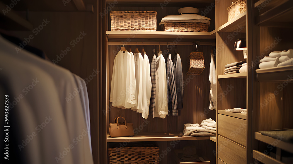 Modern walk-in closet with wooden shelves and drawers, hanging clothes Modern walk-in closet with wooden shelves and drawers, hanging clothes
