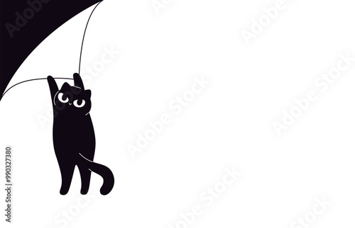 Black cat banner with curled corner. Paper page sheet template with hanging kitten. Cartoon funny fat fluffy animal character, sticker racy vector design