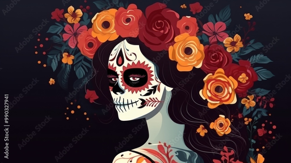 An artistic depiction of a Día de los Muertos figure, with a floral headdress and intricate skull face paint, symbolizes the vibrant and poignant Mexican celebration. An artistic depiction of a Día de los Muertos figure, with a floral headdress and intricate skull face paint, symbolizes the vibrant and poignant Mexican celebration.