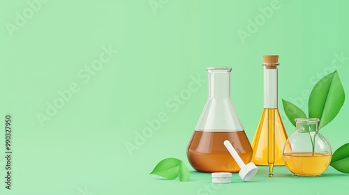 Laboratory glassware with liquids and green leaves on a soft green background.