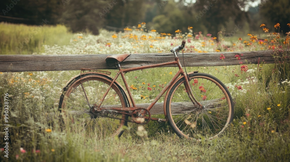Fototapeta premium A vintage bicycle leaning against a wooden fence, with a field of wildflowers stretching out behind it, evoking a sense of nostalgia and freedom.