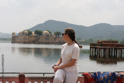 Women in front of Man Sagar Lake in Jaipur, India photo