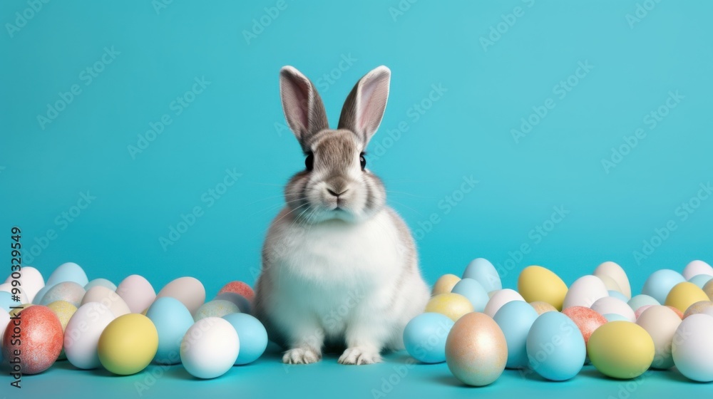 A cute bunny sits amidst a collection of pastel-colored Easter eggs, evoking charm and festivity against a vibrant blue background.