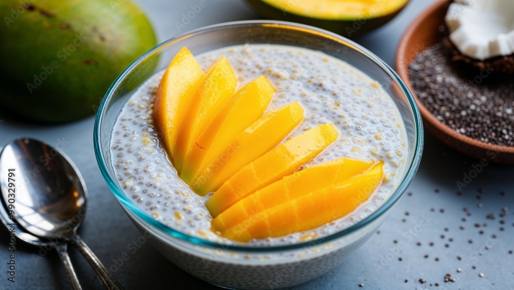 Coconut milk chia pudding with fresh mango closeup Coconut milk chia pudding with fresh mango closeup