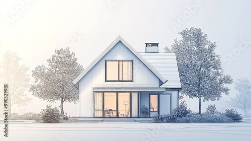 minimalist white house with a triangular roof and large windows, surrounded by a serene, foggy landscape with bare trees in the background.