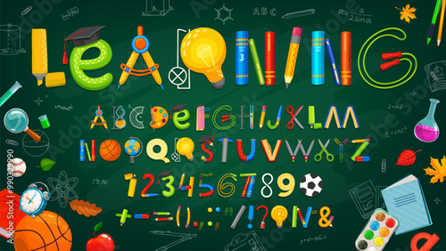 School stationery font, education supply type, student alphabet letters and numbers vector typography set on class blackboard background. Cartoon book, pencil, scissors and paint abc characters font
