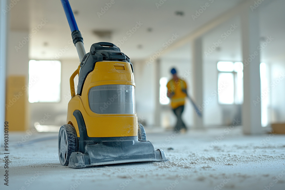 A worker removes construction dust in a new apartment using a powerful vacuum cleaner. A worker removes construction dust in a new apartment using a powerful vacuum cleaner.