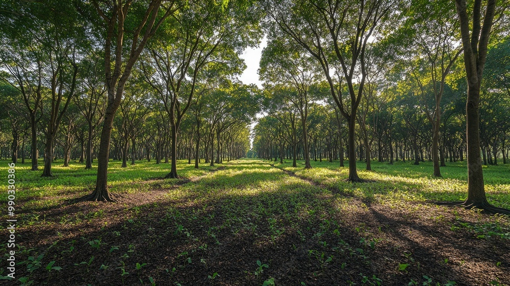 A wide view of a rubber tree plantation with evenly spaced rows of trees, lush green undergrowth, and a clear sky above, emphasizing the order and beauty of the landscape. A wide view of a rubber tree plantation with evenly spaced rows of trees, lush green undergrowth, and a clear sky above, emphasizing the order and beauty of the landscape.