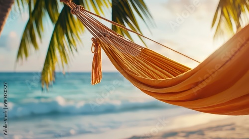 Relaxing hammock on a beach with palm trees, near turquoise water and sunset, perfect for vacation vibes.