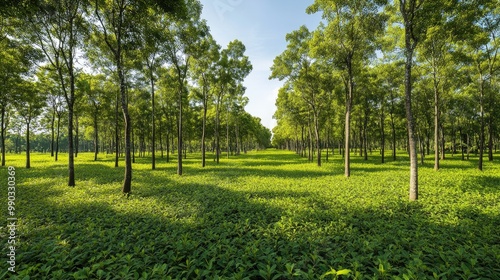 Wallpaper Mural A wide view of a rubber tree plantation with evenly spaced rows of trees, lush green undergrowth, and a clear sky above, emphasizing the order and beauty of the landscape. Torontodigital.ca
