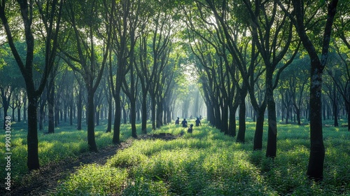 A wide view of workers harvesting rubber latex from the trees, the plantation filled with evenly spaced trees and soft light filtering through